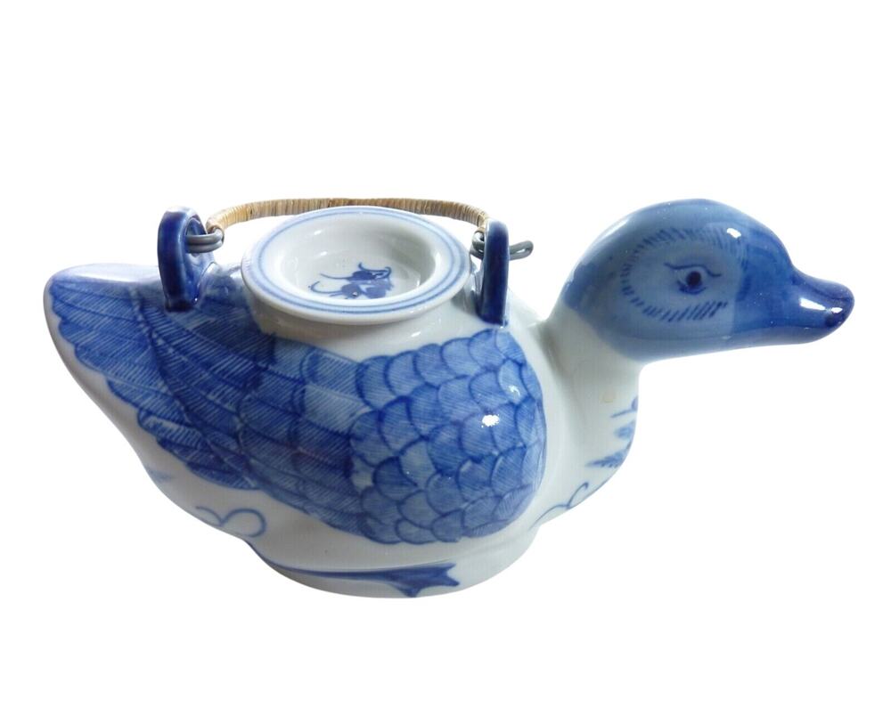 Vintage Chinoiserie Duck Teapot Blue White Ceramic Figural Tea Pot Rattan Handle